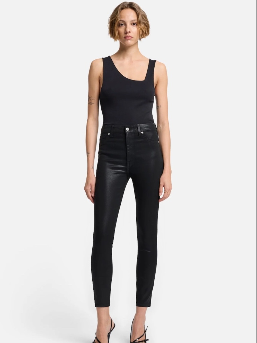 7 For All Mankind - High Waist Ankle Skinny Black Coated Jeans, Size 27